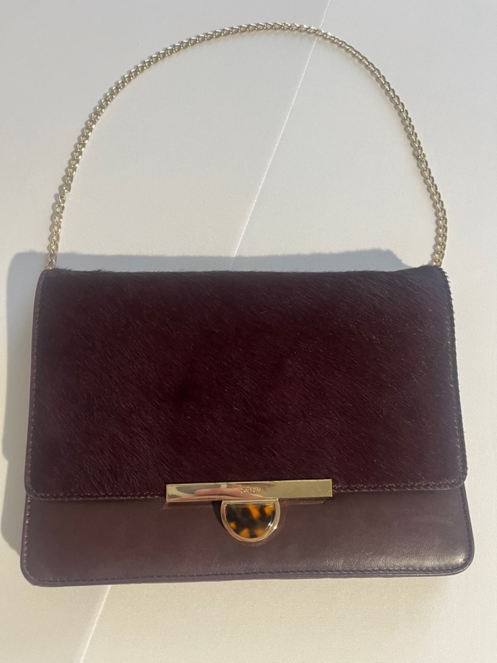 DKNY Burgundy Haircalf & Leather Chain Shoulder Bag with Gold Hardware